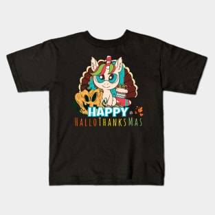 Happy HalloThanksMas Unicorn Funny Halloween Christmas Thanksgiving Kids T-Shirt